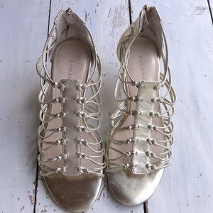 Golden Kitten Heel Leather Gladiator Sandals